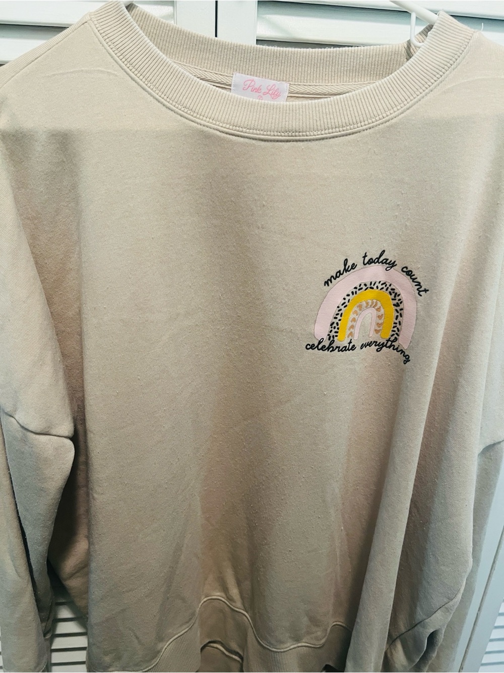 #3298*Pink Lily Beige Crewneck Sweatshirt with Rainbow Graphic